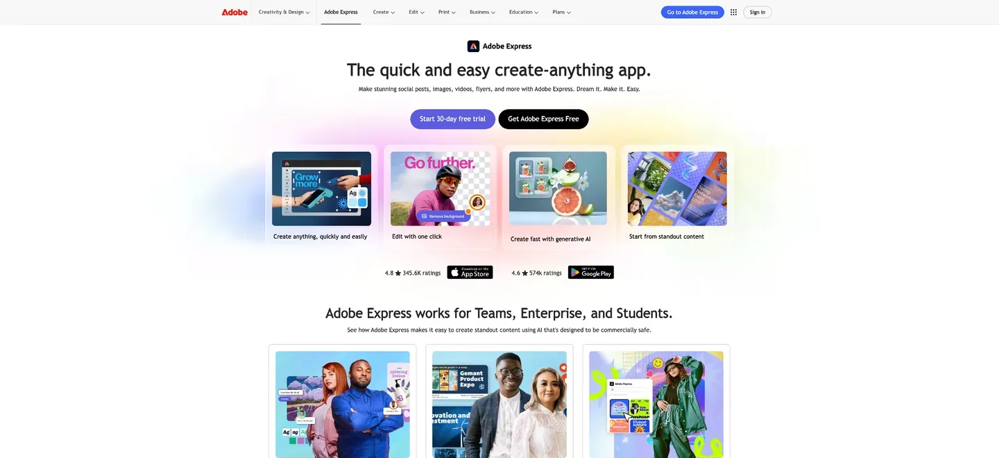 Adobe Express homepage with “The quick and easy create-anything app” headline, creation and editing feature cards, trial and free actions, and panels for teams, enterprise, and students.