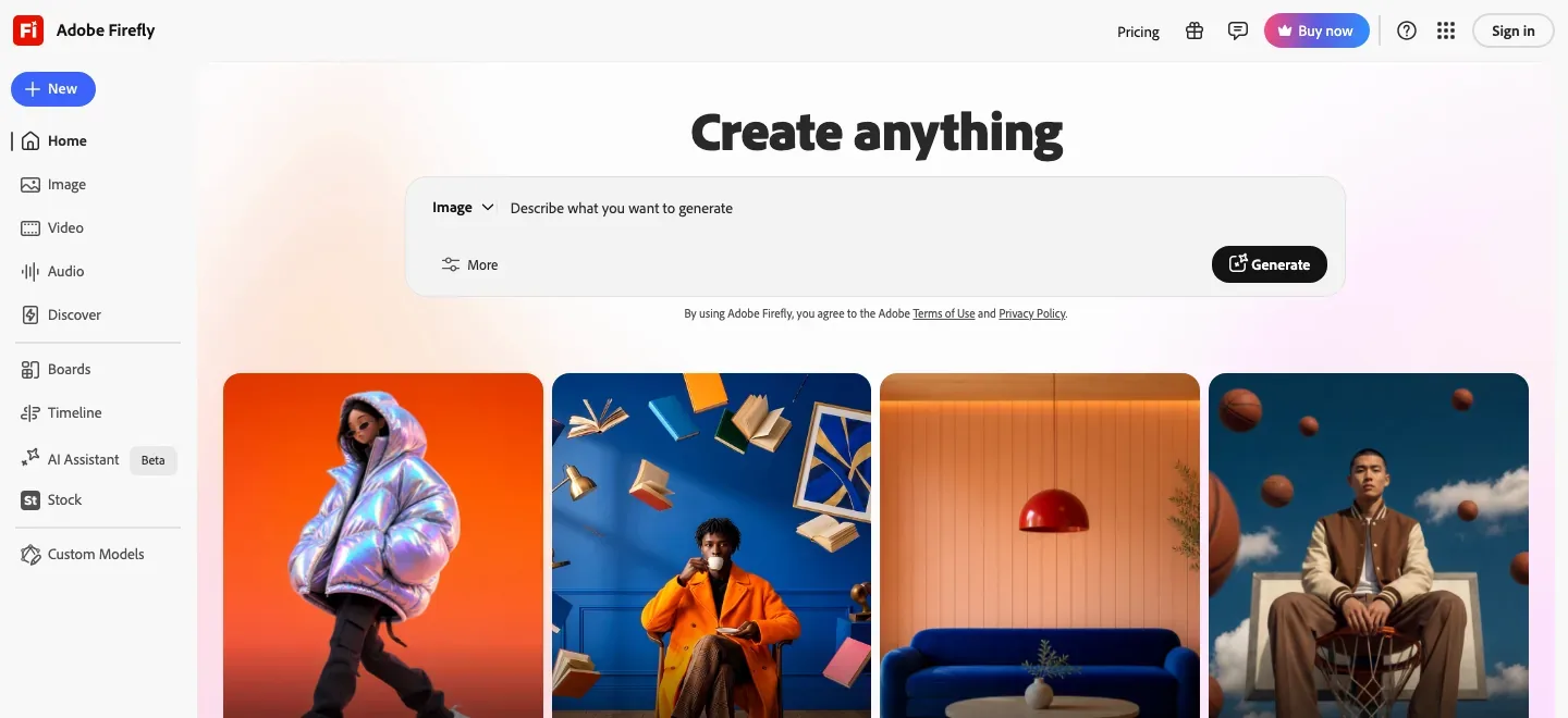 Adobe Firefly homepage with left navigation for Home, Image, Video and Audio, a central Create anything prompt, and four creative example cards.