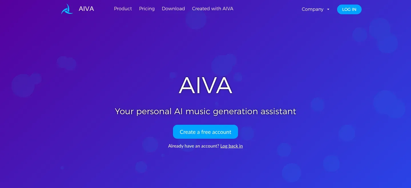 AIVA homepage with a purple to blue music-themed hero, AIVA branding, an AI music generation headline, and free-account button.