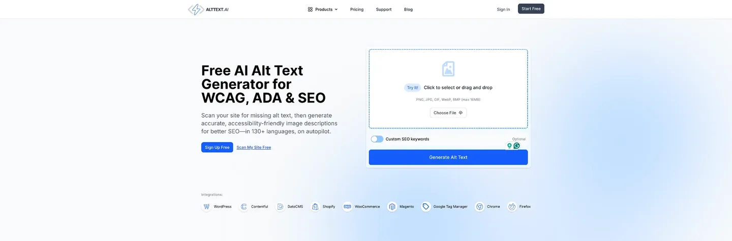 AltText.ai homepage with a Free AI Alt Text Generator heading, image upload panel, site scanning and sign-up links, and a row of CMS and browser integrations.