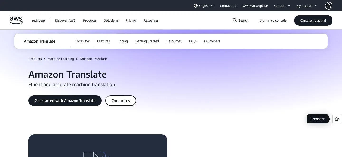 Amazon Translate product page with AWS navigation, its machine-translation headline and action buttons, and the upper portion of a product video tile.