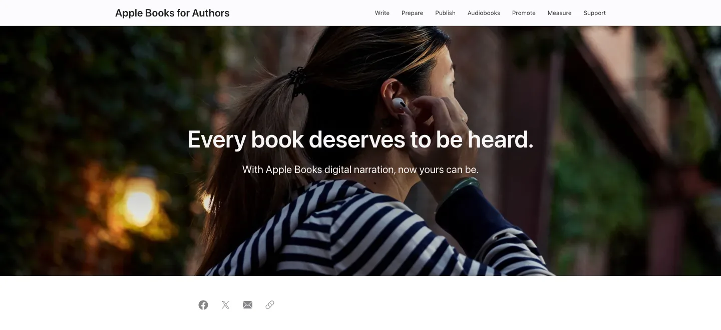 Apple Books for Authors page with a full-width audiobook narration hero photograph and the headline “Every book deserves to be heard.”