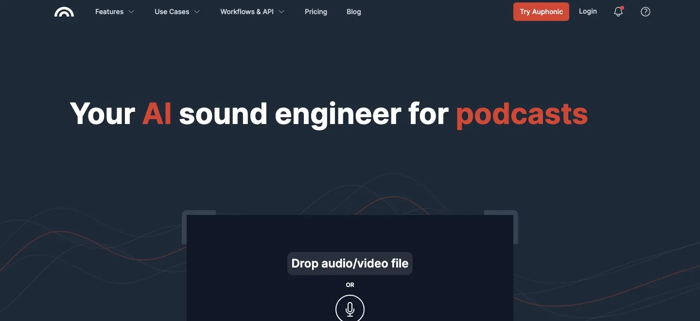 Auphonic homepage with a dark podcast audio-processing hero and an audio/video upload panel.