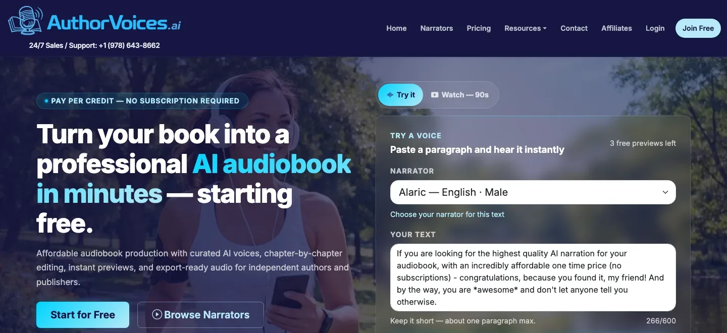 AuthorVoices homepage with an audiobook narration headline, a narrator selection and text preview panel, and a free-start button.