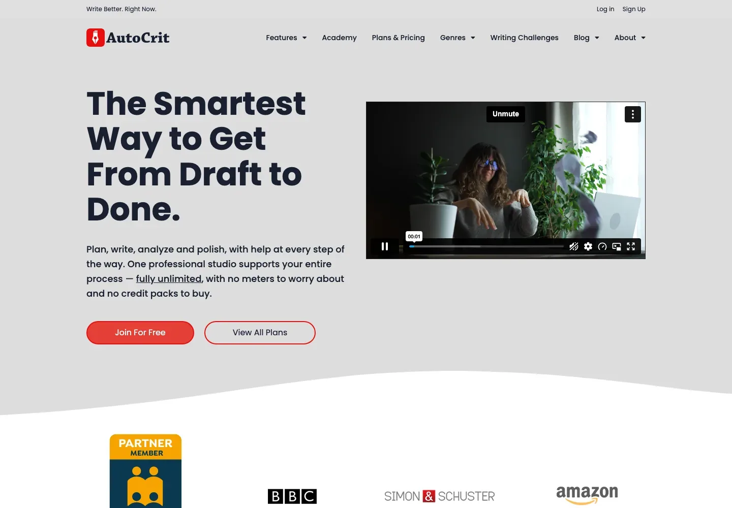 AutoCrit homepage with its navigation bar, the headline “The Smartest Way to Get From Draft to Done,” supporting copy and buttons, a muted video, and partner marks below the hero.