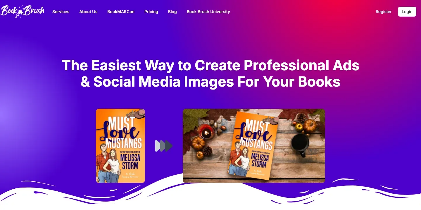 Book Brush homepage with the headline about creating professional ads and social media images for books, plus a romance cover beside its staged tabletop ad mockup on a purple gradient.
