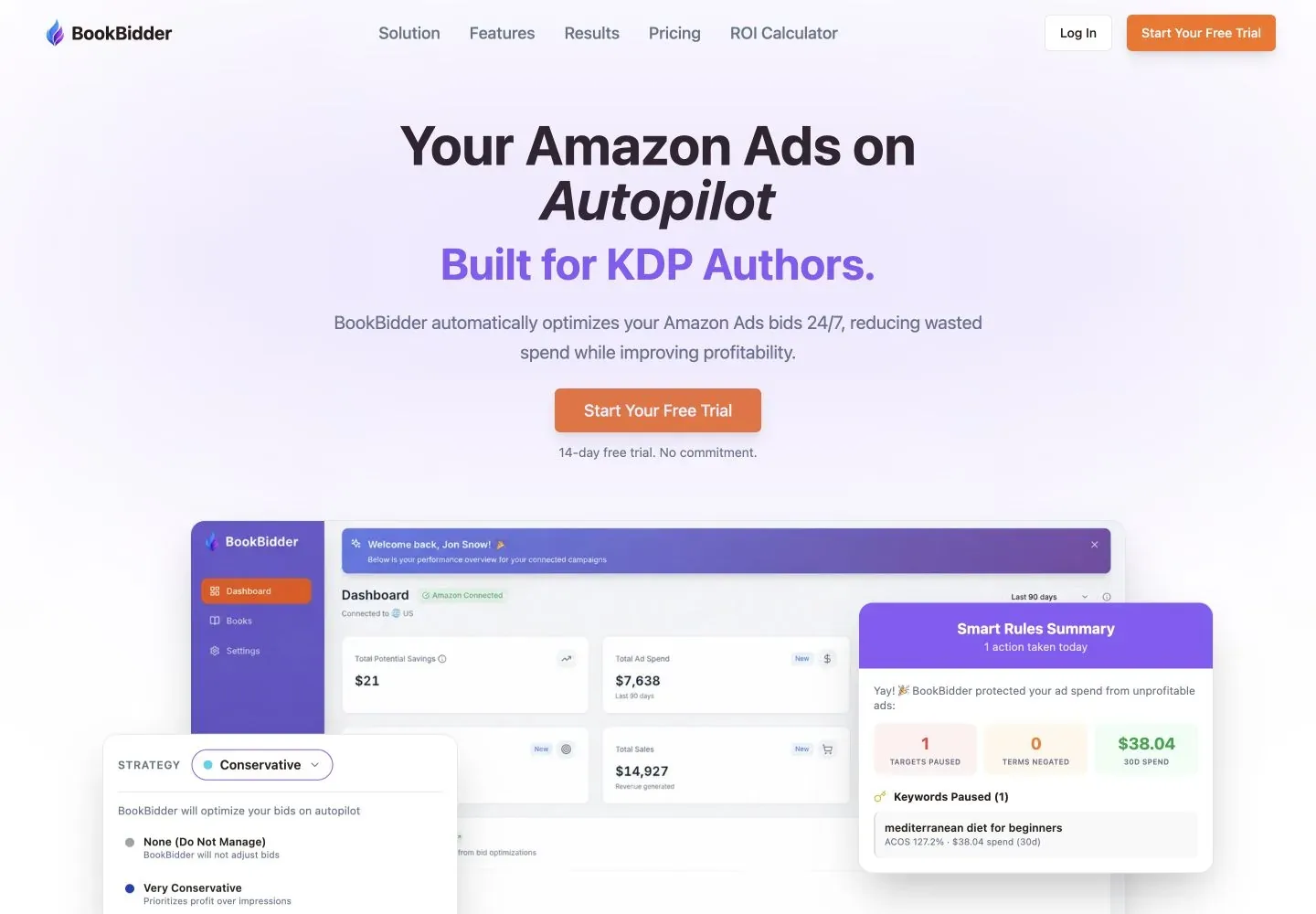 BookBidder homepage with its Amazon Ads headline, free-trial link, and a dashboard preview showing bid strategies and Smart Rules.
