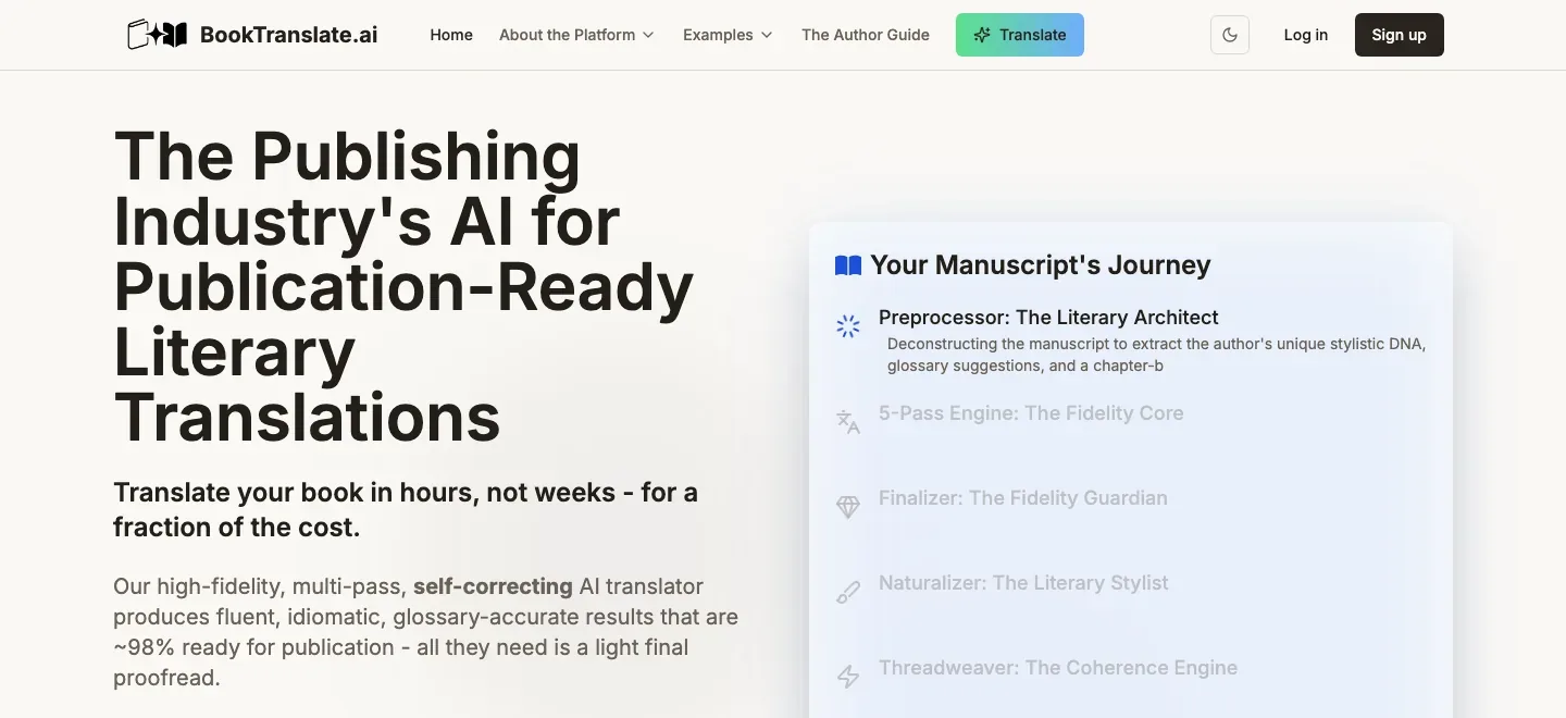 BookTranslate.ai navigation above a large publication-ready literary translation headline, supporting copy, call-to-action buttons, and a manuscript-journey panel.