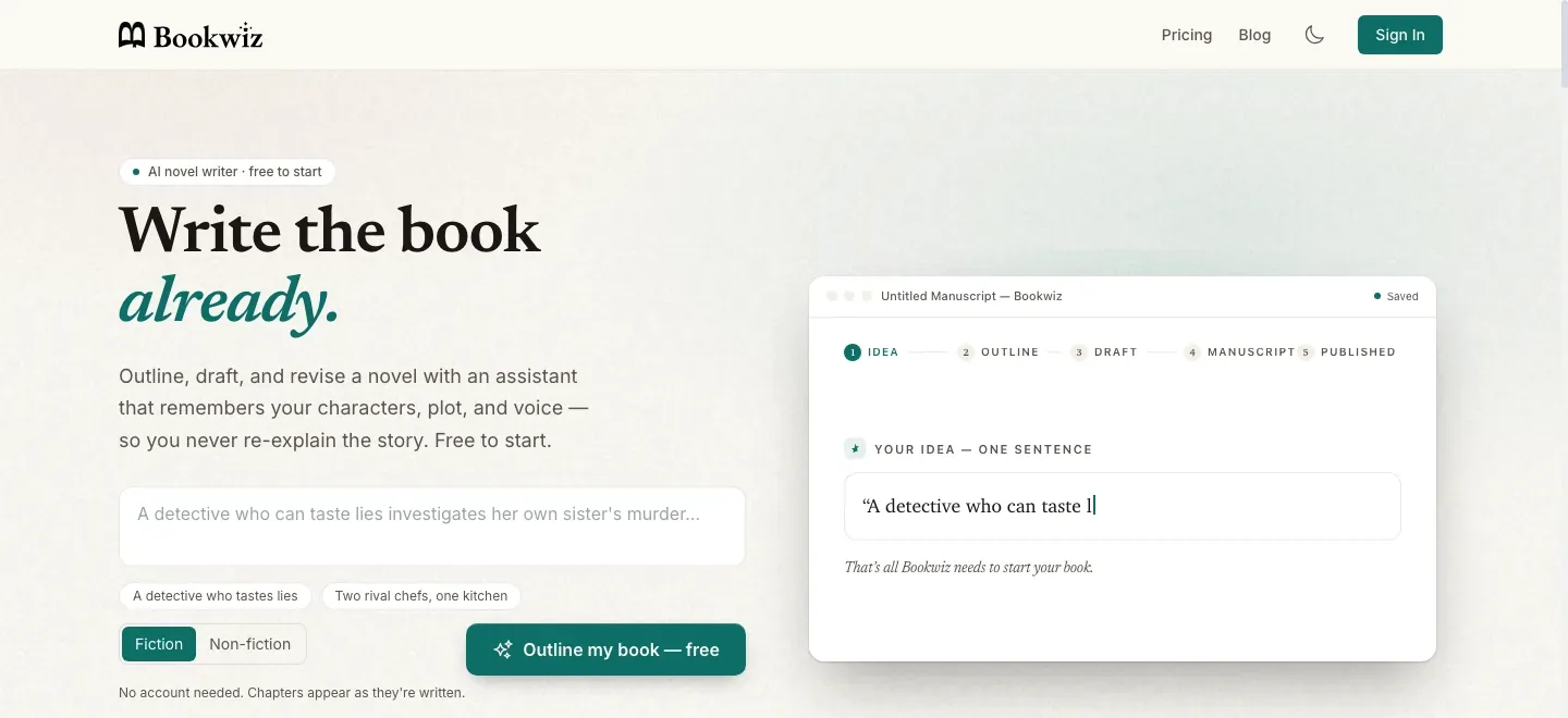 Bookwiz homepage with a “Write the book already” headline, outlining copy, free writing prompts and a manuscript planning mockup.