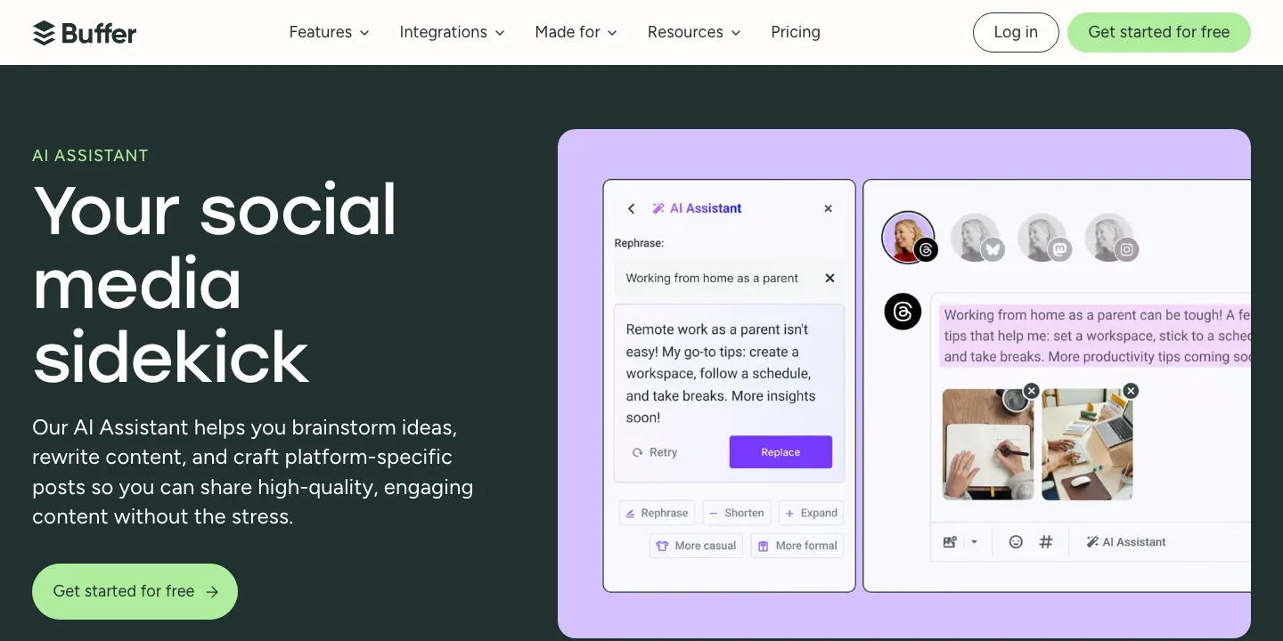 Buffer AI Assistant page with the headline “Your social media sidekick,” copy about brainstorming and rewriting, and a product mockup of the assistant composing a social post.