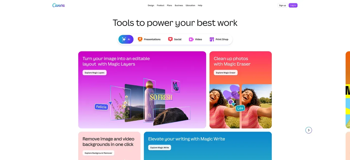 Canva homepage with the “Tools to power your best work” headline, AI and creative-tool tabs, and promotional cards for Magic Layers, Magic Eraser, Background Remover, and Magic Write.