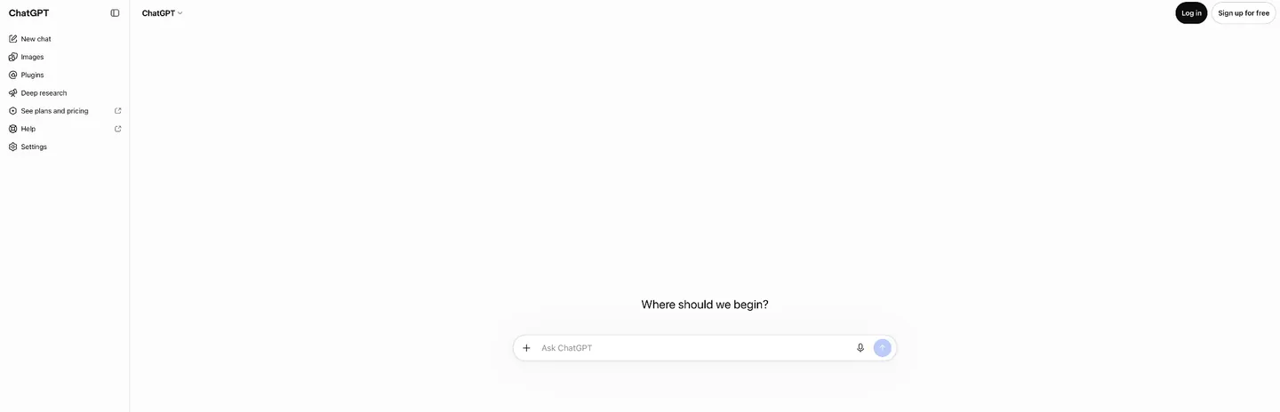 ChatGPT’s blank welcome screen with a left navigation menu, a central “Where should we begin?” heading and “Ask ChatGPT” composer, and Log in and Sign up for free controls.