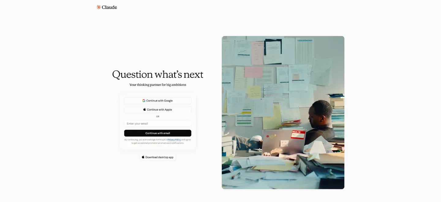 Claude sign-up page with the headline “Question what’s next,” Google, Apple, and email sign-in options, and a person working among notes and books.