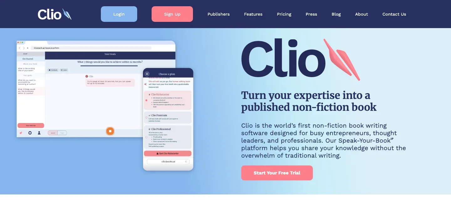 Clio Books public homepage with its non-fiction book writing hero, product workflow preview and “Start Your Free Trial” button.