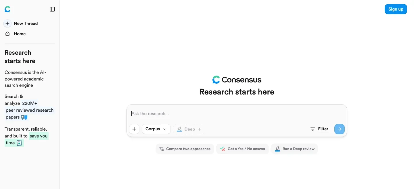 Consensus research page with a left navigation and signup controls, a central “Research starts here” heading, a large research search box, and research action buttons.