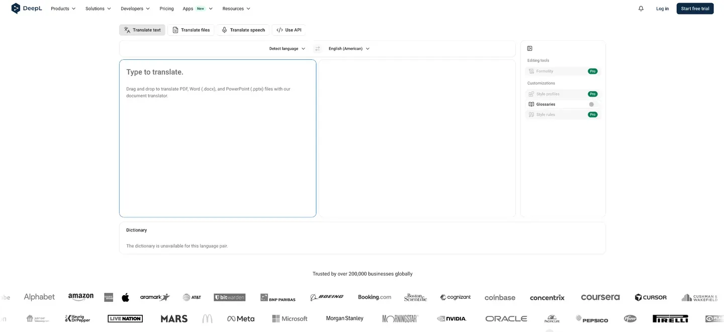 DeepL Translator workspace with Translate text selected, file and speech translation tabs, source and target language selectors, blank text panes, and editing tools.