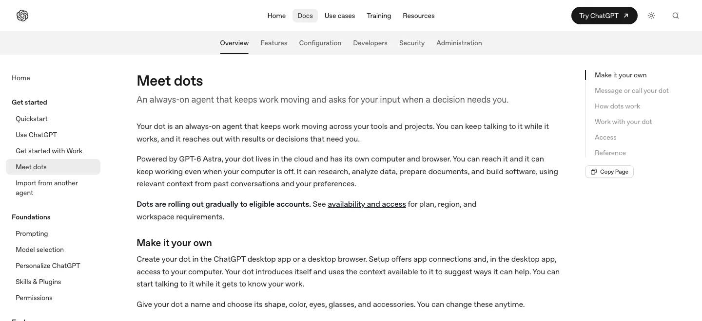 ChatGPT Learn documentation page for dots, with left navigation, the “Meet dots” heading, overview text describing an always-on agent, and section links in the right sidebar.