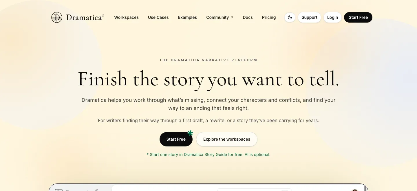 Dramatica homepage with its “Finish the story you want to tell” headline, Story Guide copy, start buttons and a product workspace preview.