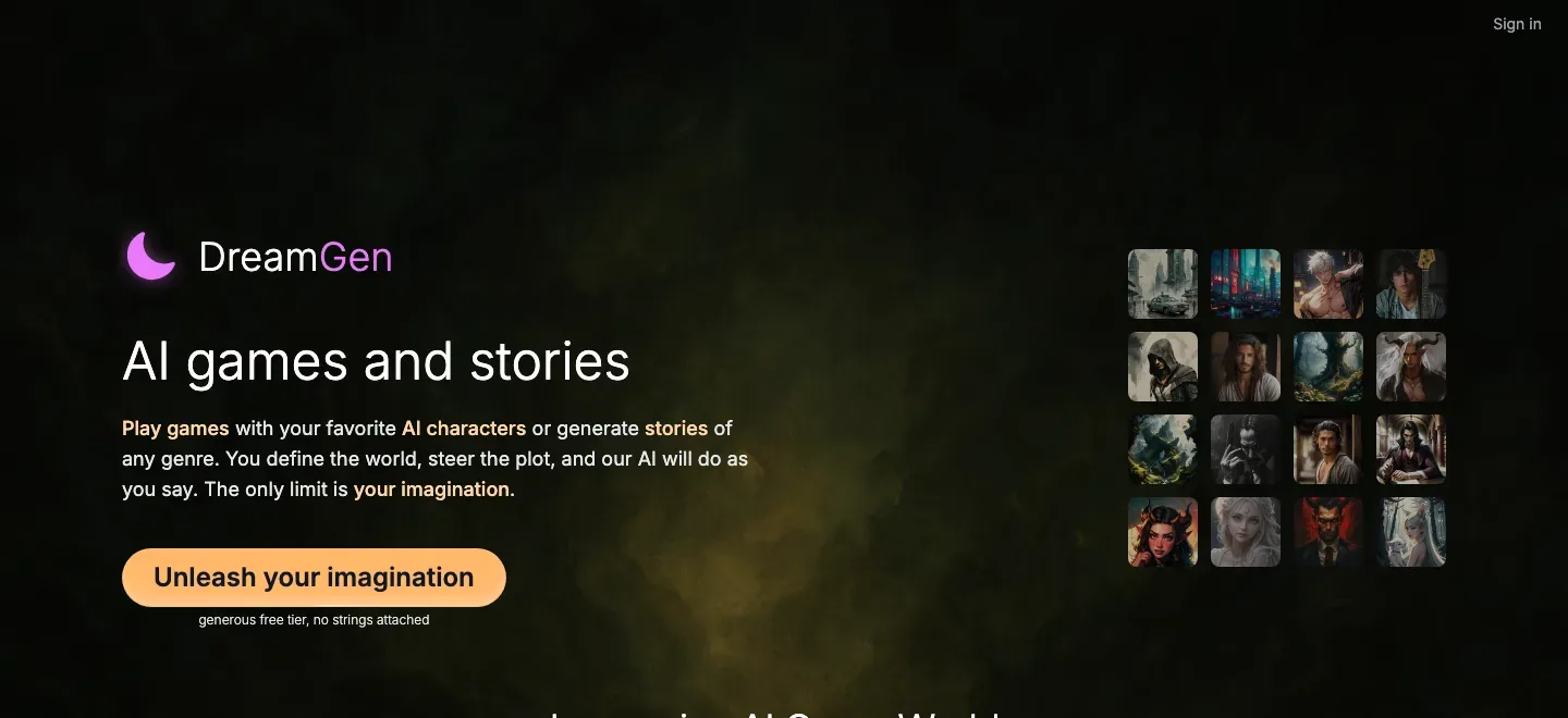 DreamGen homepage with an AI games and stories headline, character tiles and story scenarios on a dark background.