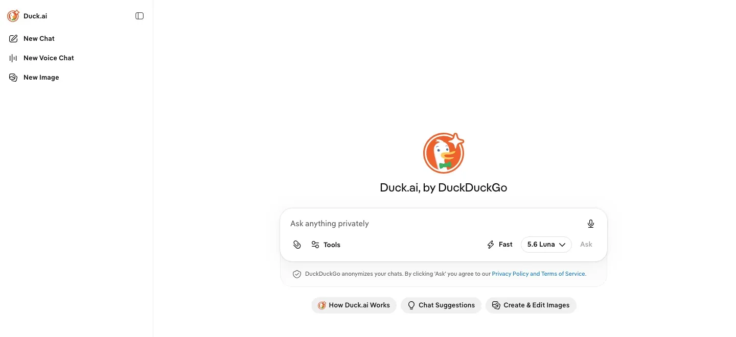Duck.ai chat homepage with the DuckDuckGo logo, left navigation, an empty private-chat prompt with model and tools controls, and links to chat help.