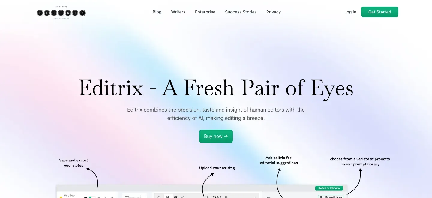 Editrix homepage with a pale gradient hero, the headline “Editrix – A Fresh Pair of Eyes,” editing description and purchase button, plus an annotated preview of its manuscript editing interface.