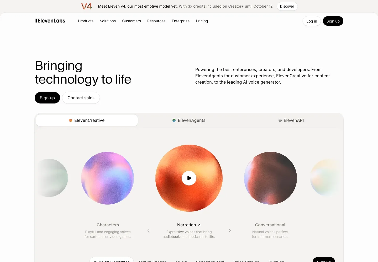 ElevenLabs homepage with a voice-generation headline and a carousel of colorful voice category visuals.