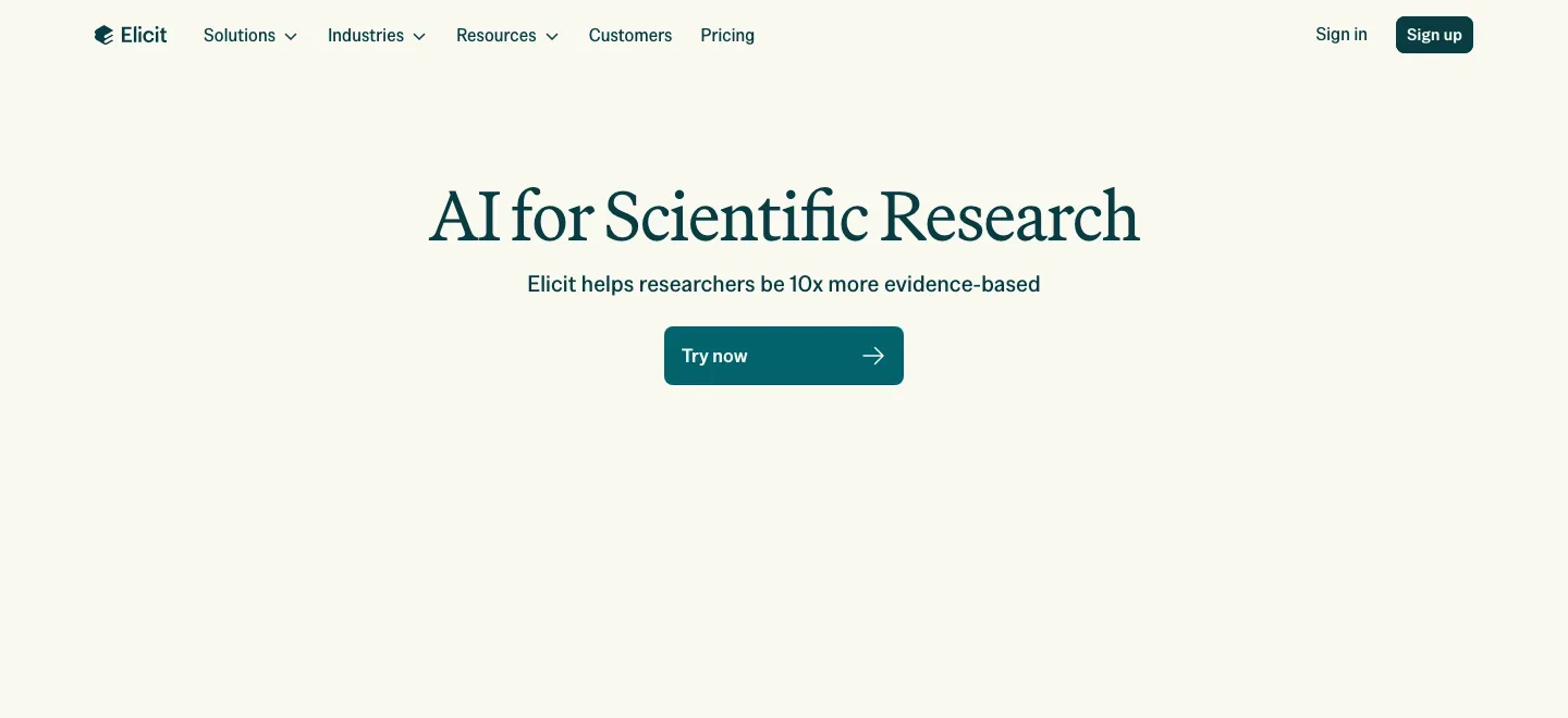 Elicit homepage with a pale background, “AI for Scientific Research” headline, short supporting line, and a centered Try now button.