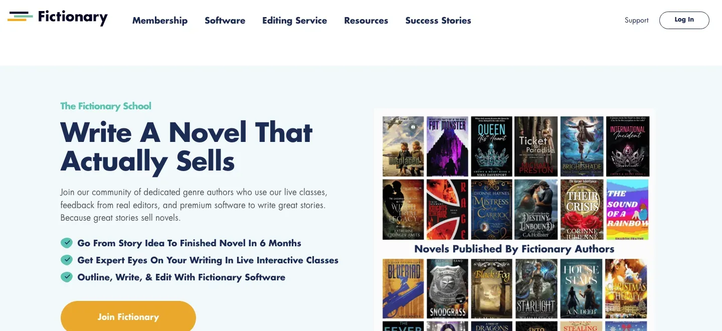 Fictionary homepage with “Write A Novel That Actually Sells,” three benefits and a Join Fictionary button on the left, and a grid of published book covers on the right.