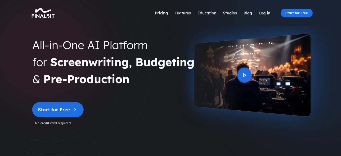 FinalBit homepage with its AI screenwriting, budgeting and pre-production headline, action button and video card.