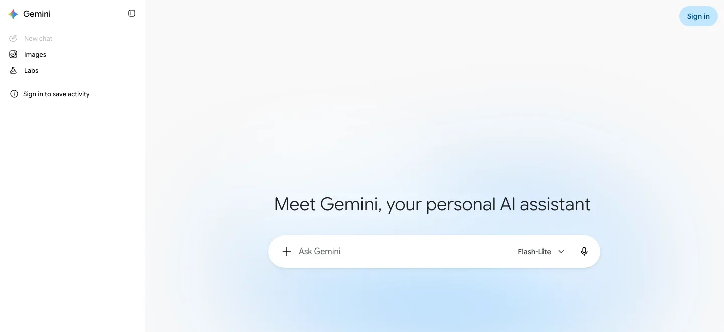 Unauthenticated Gemini start page with left navigation, a centered “Meet Gemini, your personal AI assistant” headline, prompt field and Flash-Lite selector, plus sign-in controls.