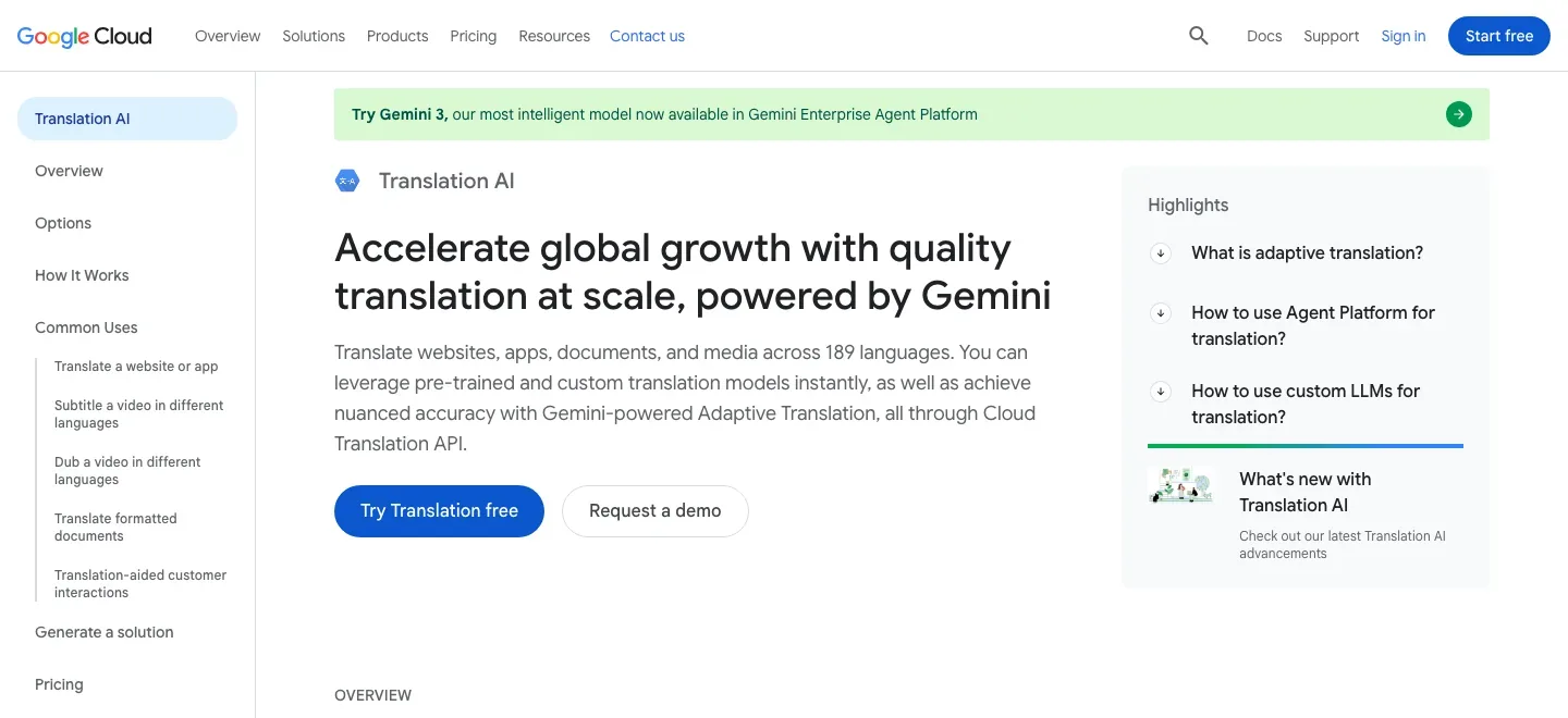 Google Cloud Translation AI page with top navigation, a left topic menu, translation headline and calls to action, and a highlights panel.