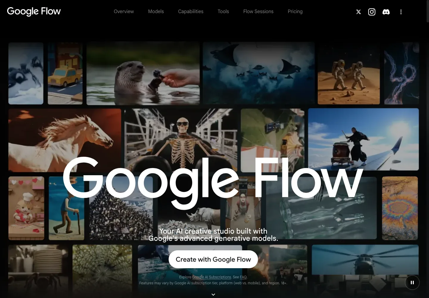 Google Flow homepage with a tiled collage of generated scenes behind the large Google Flow heading, product description, and Create with Google Flow button.