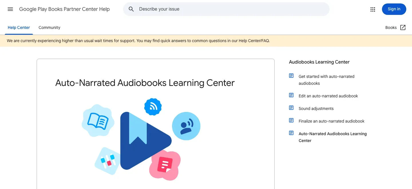 Google Play Books Partner Center help page for auto-narrated audiobooks, with a central learning-center illustration and topic links.