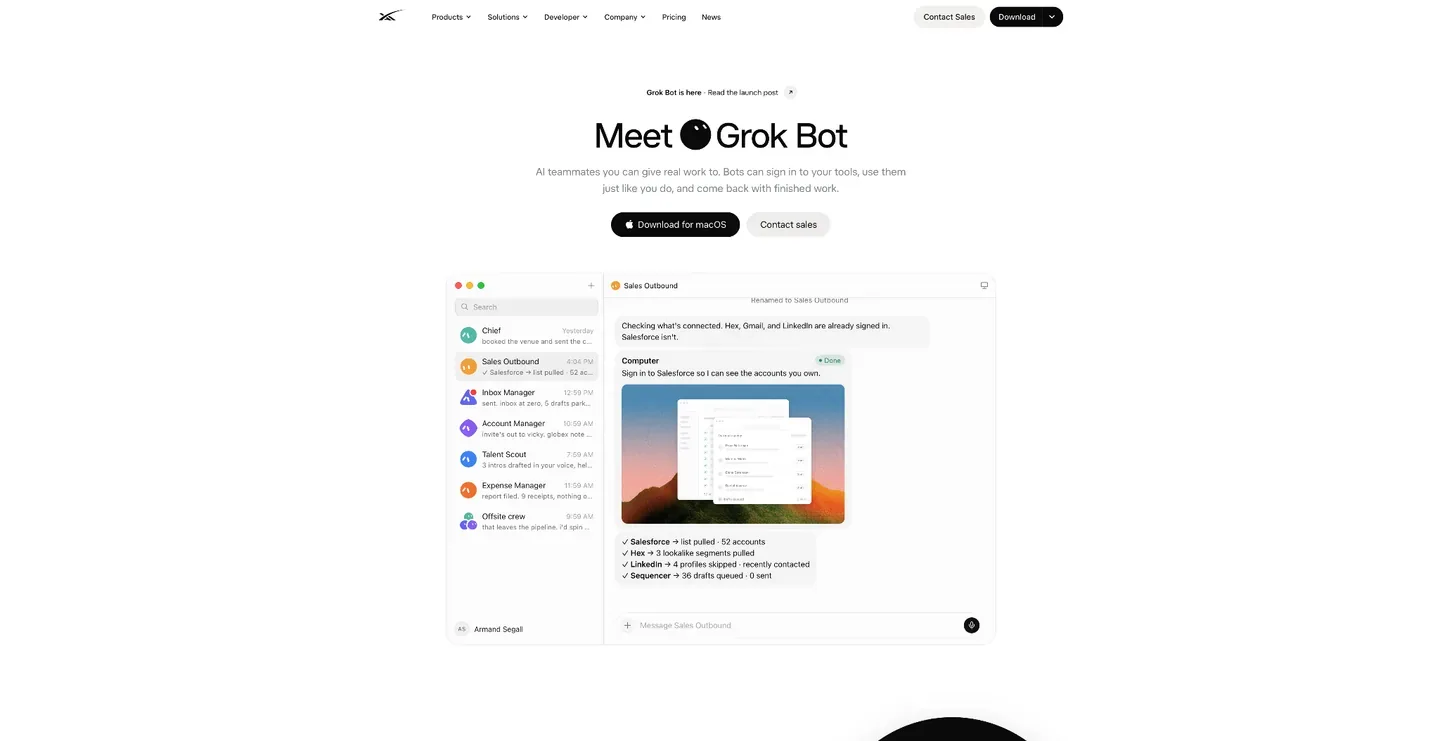 Grok Bot homepage with a “Meet Grok Bot” headline, download and contact controls, and a product mockup showing sample conversations.