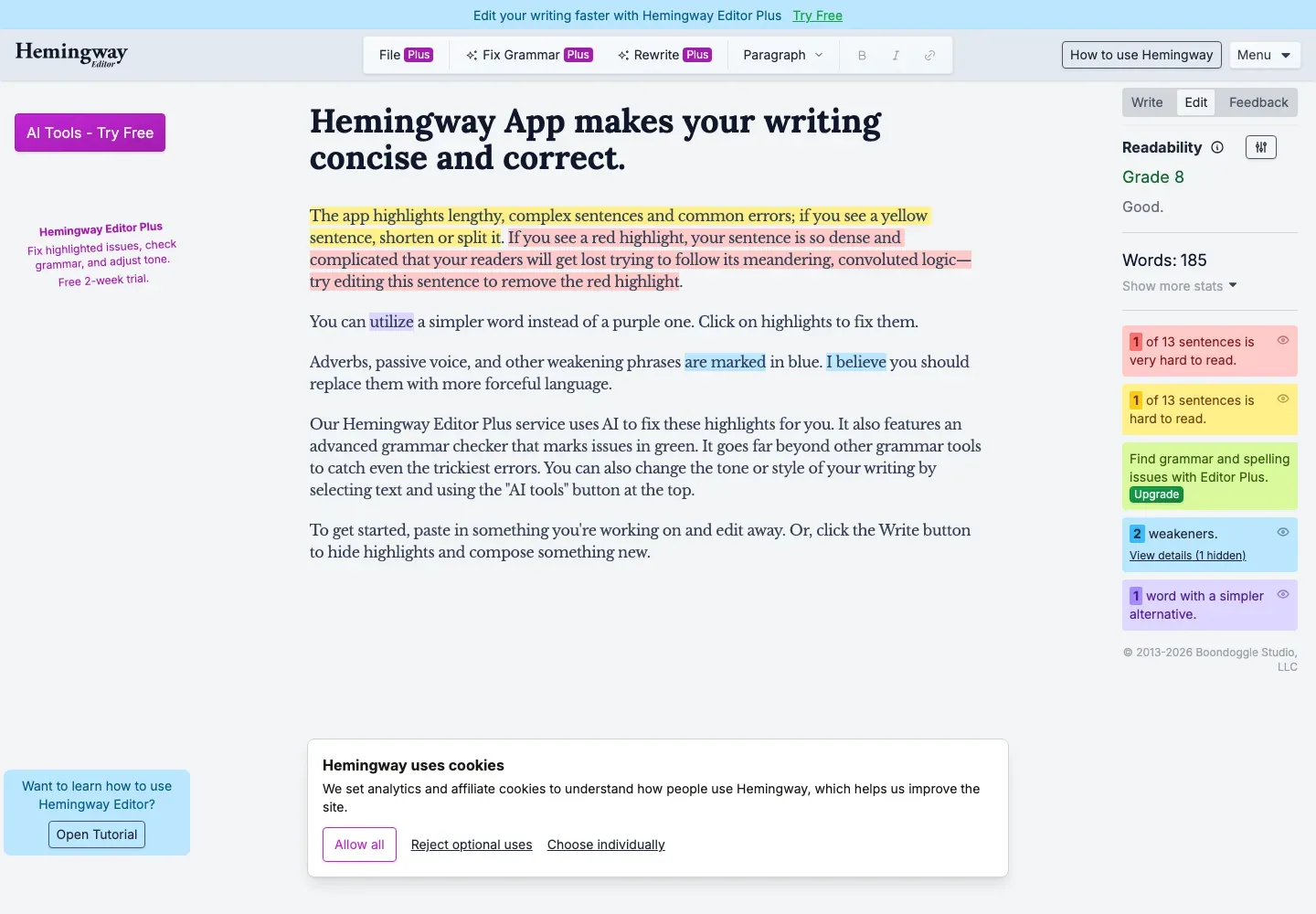 Hemingway Editor page showing its sample writing editor with readability highlights and issue summaries at right; a cookie-choice banner remains visible along the bottom.