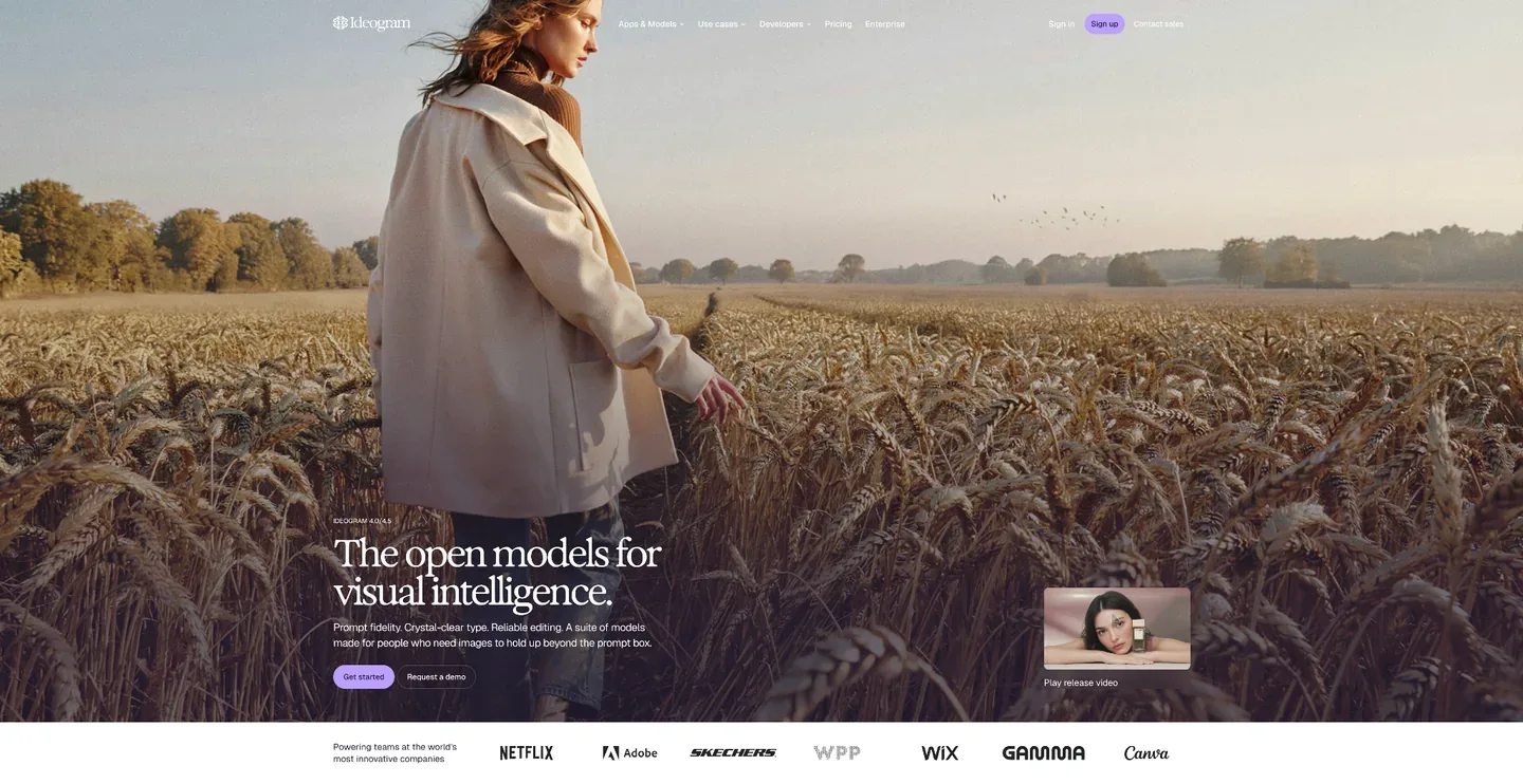 Ideogram homepage with a full-bleed photo of a woman in a field, the headline “The open models for visual intelligence,” and Get started and demo buttons.