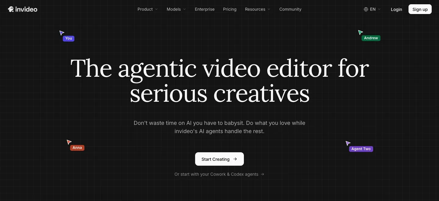 InVideo homepage with a headline about its agentic video editor, a Start Creating button and editor-themed graphics.