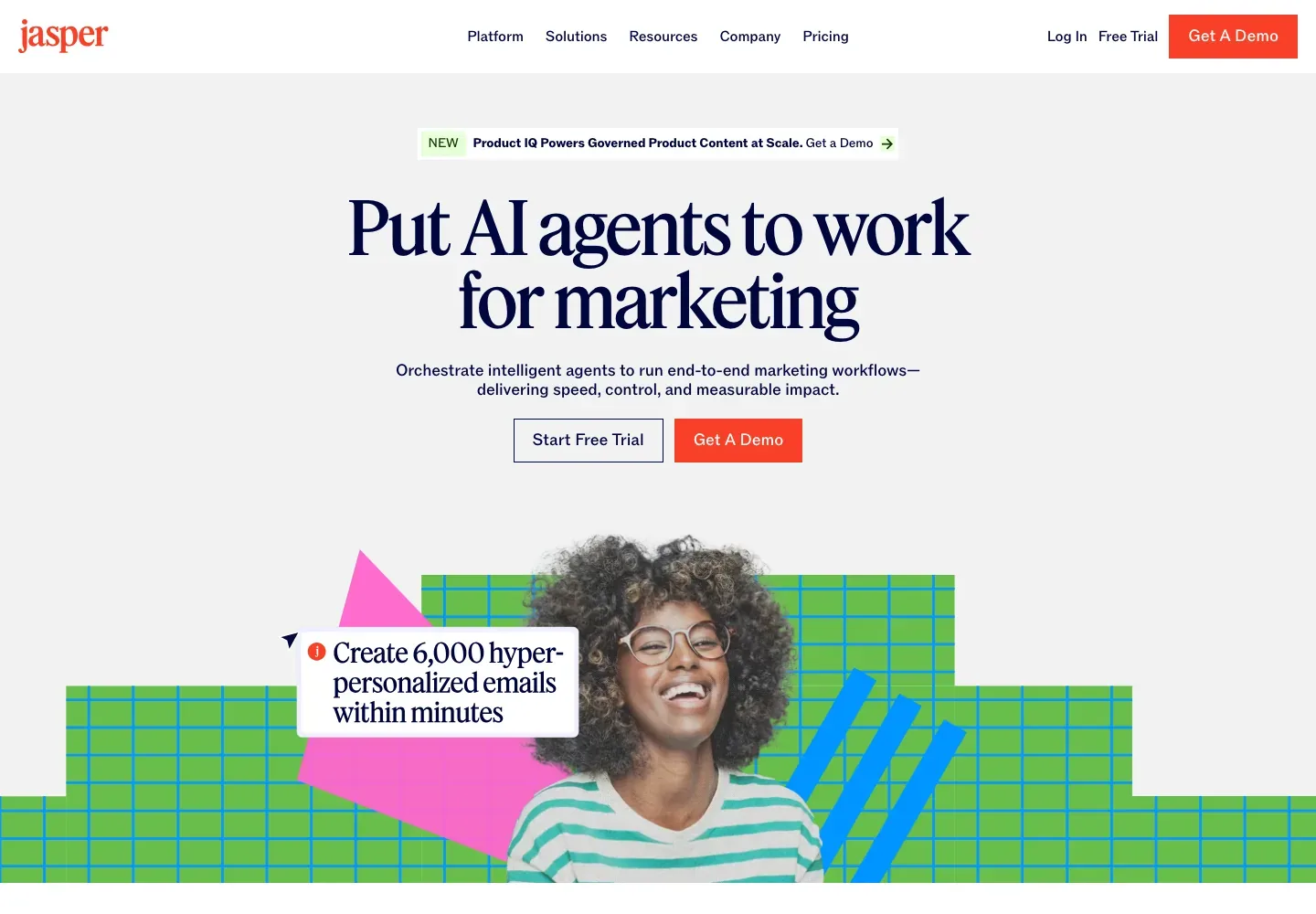 Jasper marketing homepage with the headline “Put AI agents to work for marketing,” trial and demo buttons, and colorful campaign artwork.