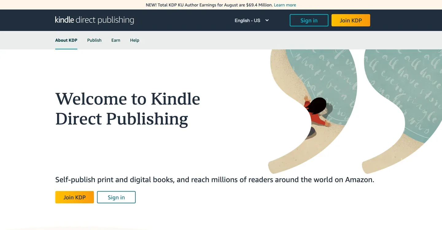 Kindle Direct Publishing homepage with an illustrated publishing hero, a welcome heading, and join or sign-in buttons.