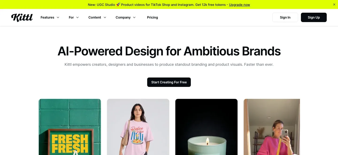 Kittl homepage with a bright promotion bar, AI-Powered Design for Ambitious Brands headline, free-creation button, and animated design preview cards.