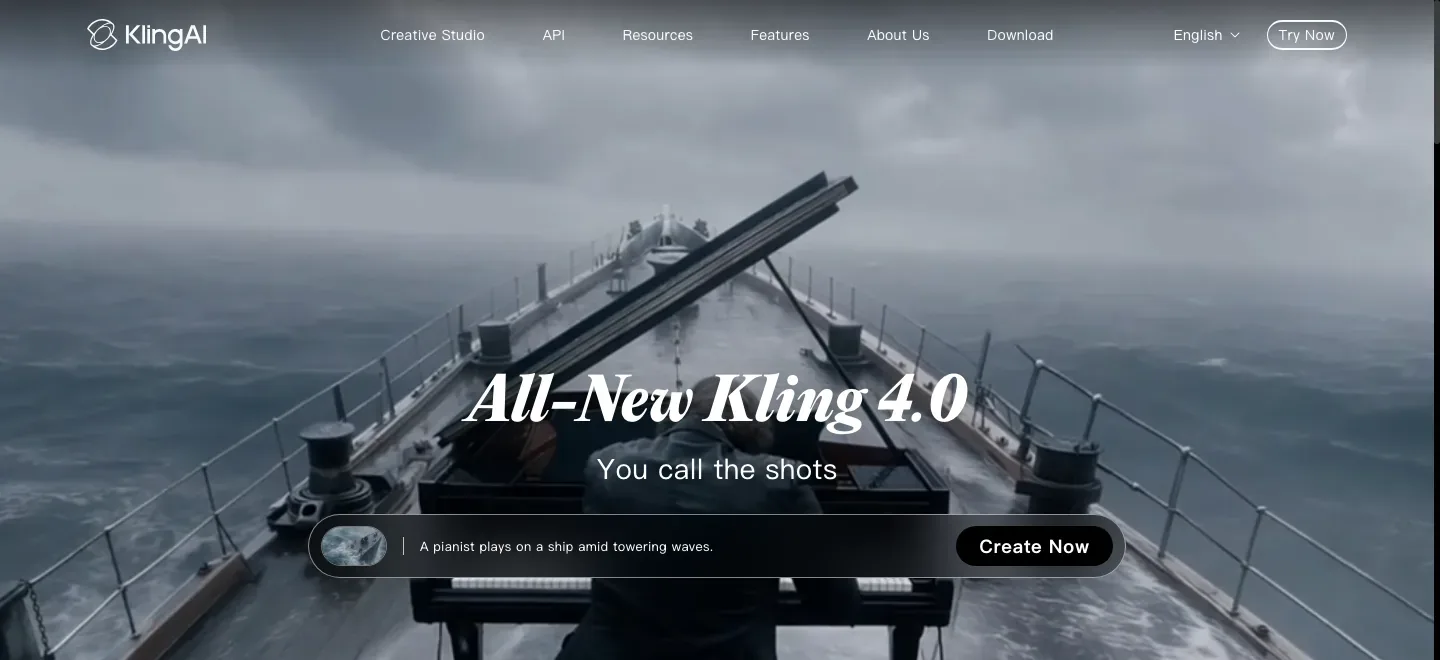 Kling AI homepage hero over a video of a pianist on a ship in rough water, with the All-New Kling 4.0 headline and a text prompt bar.