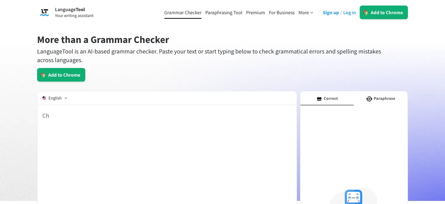 LanguageTool homepage with “More than a Grammar Checker,” a large grammar-checking editor, and a results panel; the editor visibly contains the letters “Ch.”