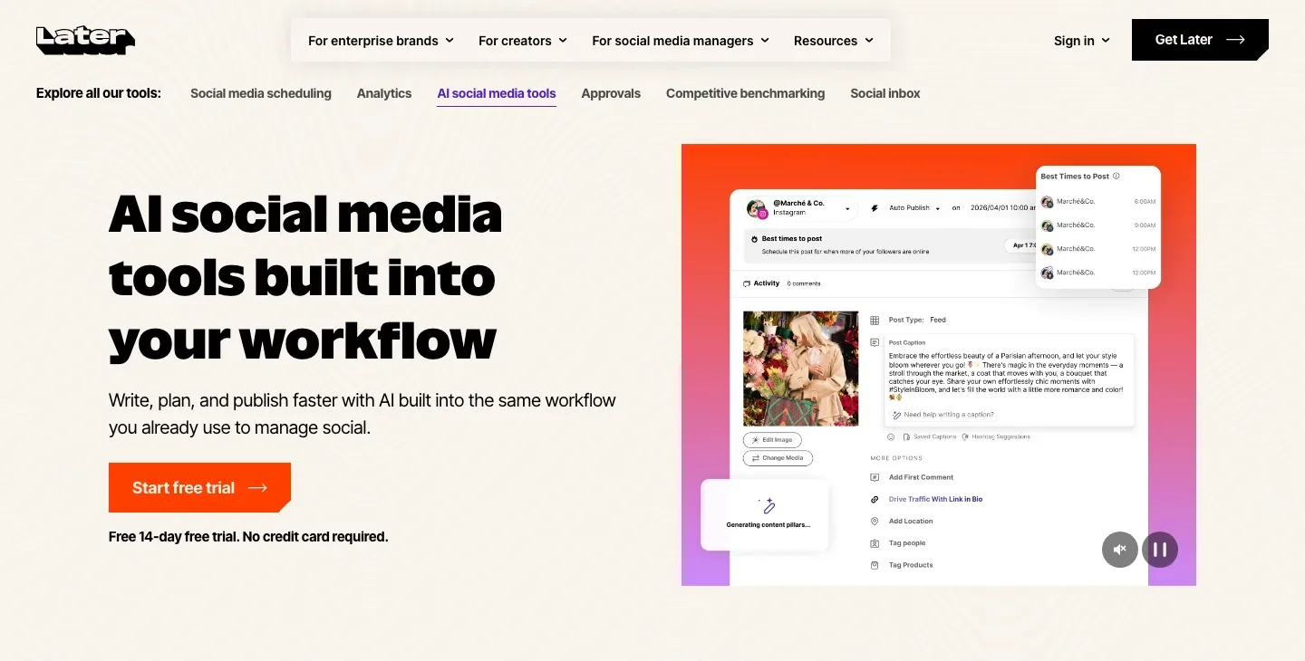 Later AI social media tools page with the headline “AI social media tools built into your workflow,” a social scheduling mockup, and a start-trial button.