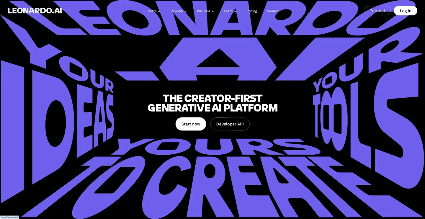 Leonardo.Ai homepage with large violet typographic artwork around the headline “The creator-first generative AI platform,” plus Start now and Developer API buttons.