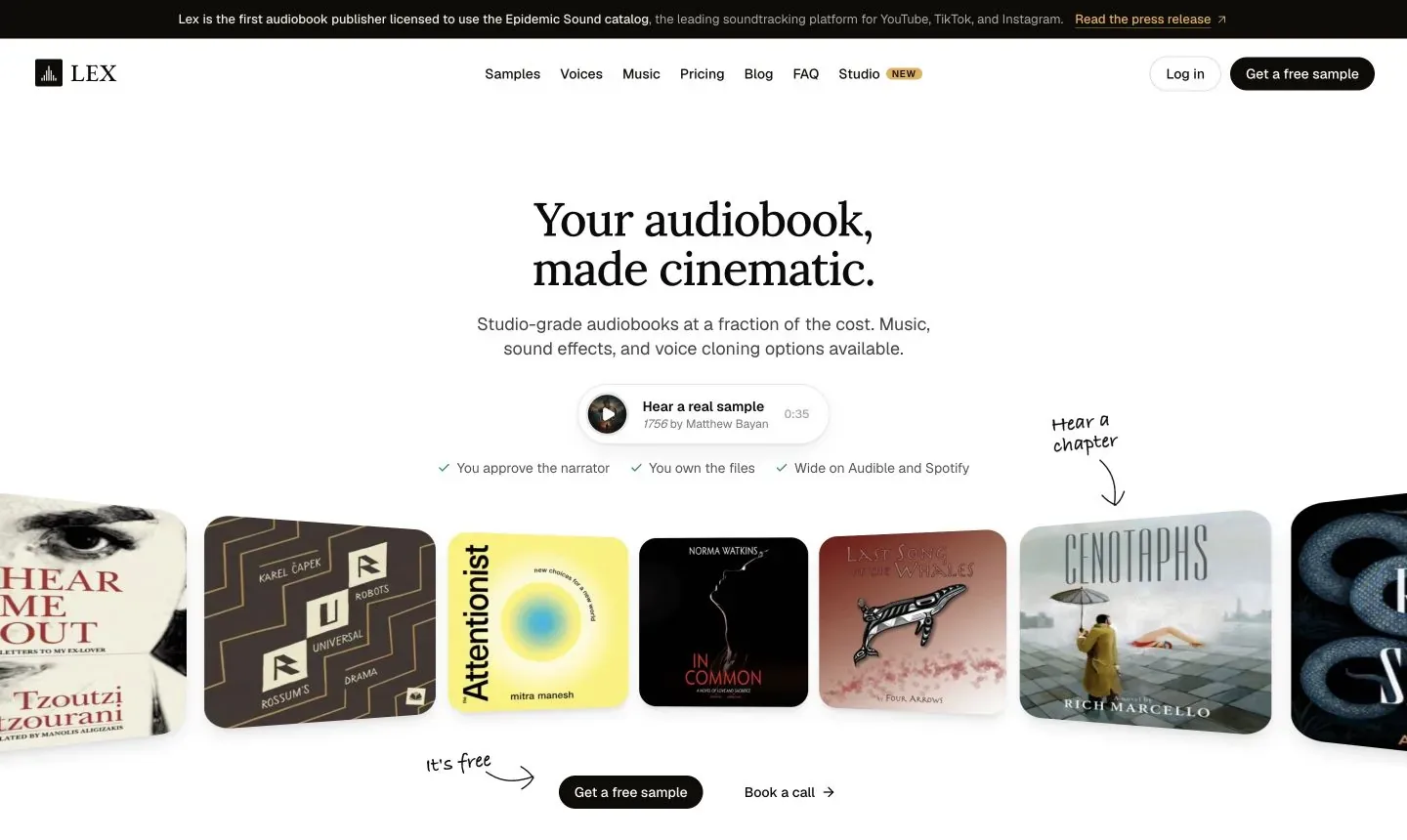 Lex Audio homepage with its Your audiobook, made cinematic headline, narration sample, row of book covers, and free-sample button.