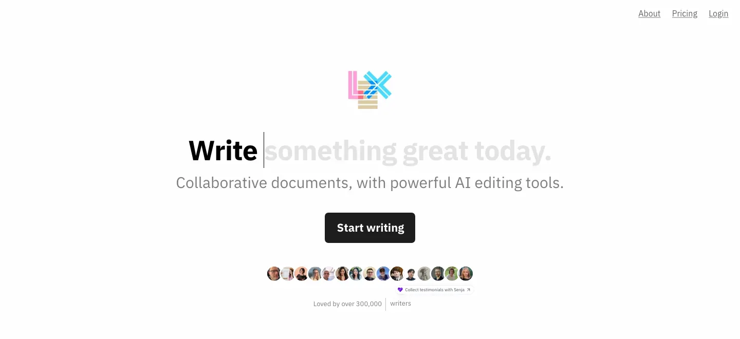 Lex homepage with a “Write something great today” headline, collaborative writing description, start-writing button and editor preview.