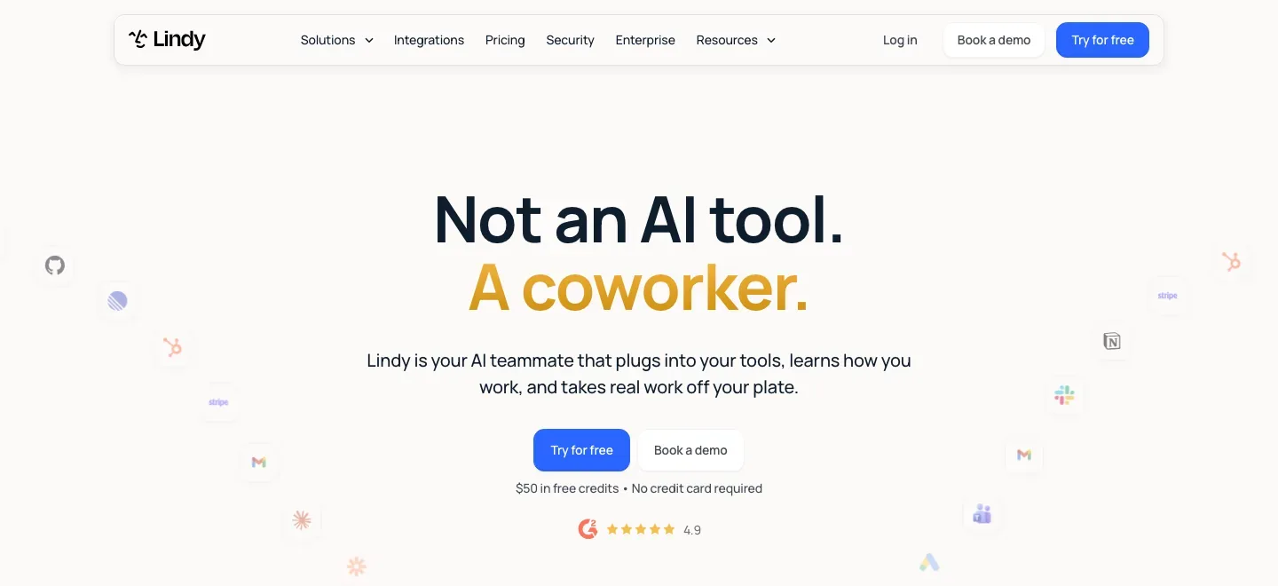 Lindy homepage with the headline “Not an AI tool. A coworker.” and a mock Slack conversation where the assistant investigates advertising spend.