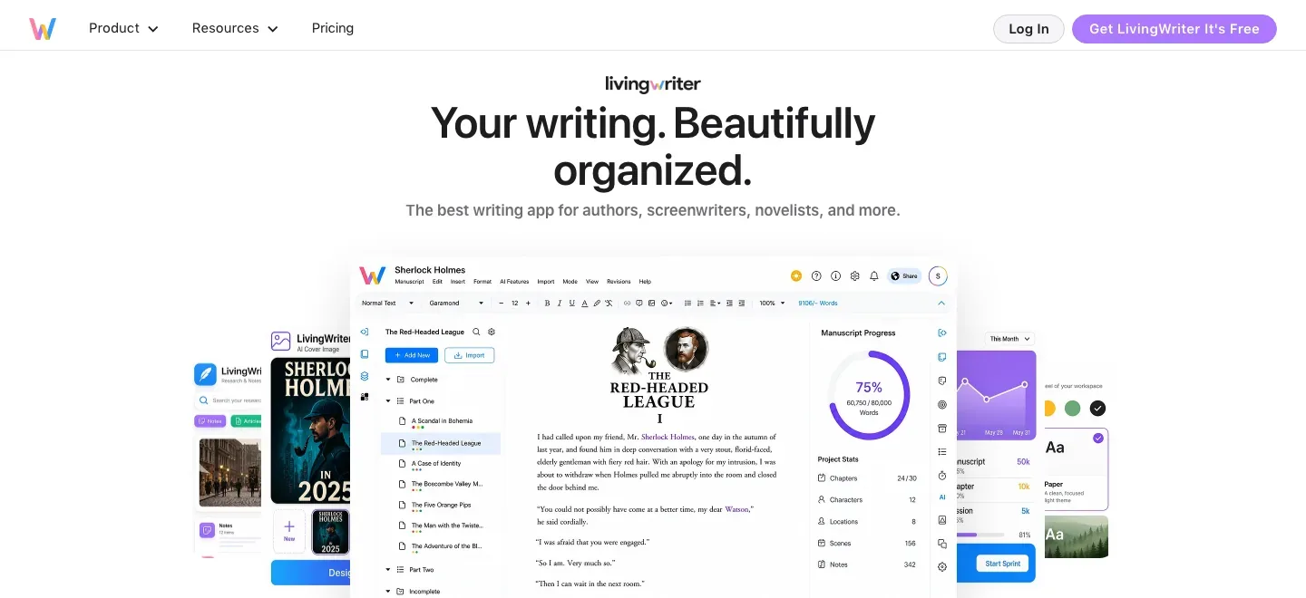 LivingWriter homepage with an organized-writing headline and product interface preview surrounded by project panels.