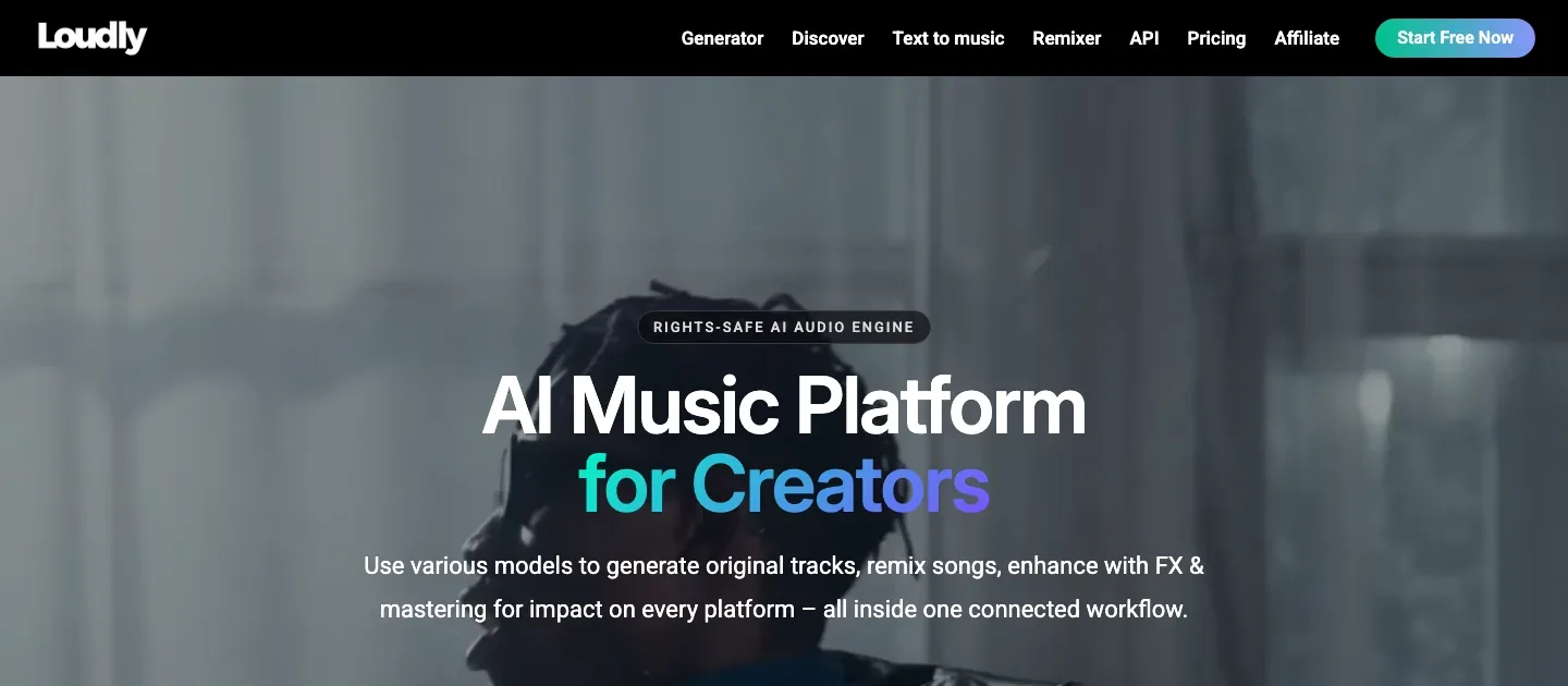 Loudly homepage with navigation and an AI music platform headline over a video background.
