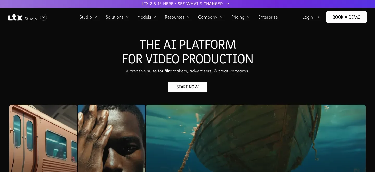 LTX Studio homepage with its AI video production headline, Start Now button, and three video preview cards showing creative scenes.
